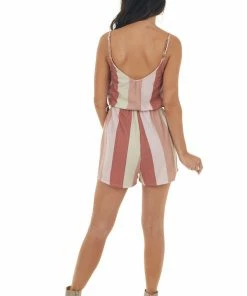 Fantastic Fawn Rust Striped Sleeveless Knit Romper With Tie Dresses
