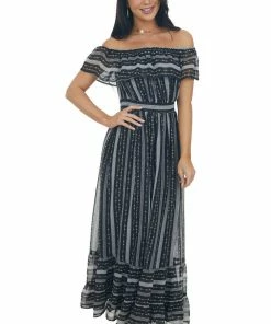 IN LOOM Dresses Black Multi Print Off Shoulder Maxi Dress With Ruffle Detail