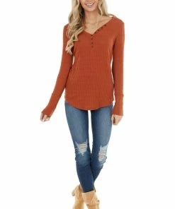 Ces Femme Rust Long Sleeve Ribbed Knit Top With Button Detail