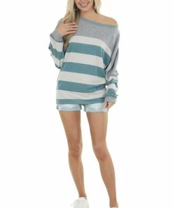 BiBi Teal Striped Dolman Sleeve Contrast Knit Top