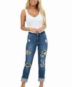 KanCan Mid Wash Denim Blue Distressed Animal Print Straight Jeans Bottoms