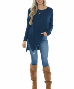 ZENANA Navy Blue Tunic Length Brushed Waffle Knit Top Tops