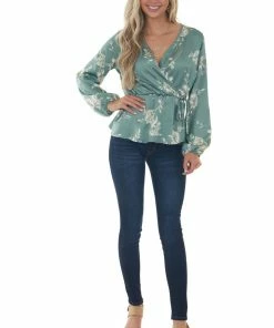Vanilla Bay Deep Sage Floral Print Long Sleeve Peplum Top