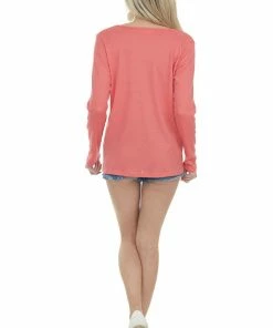 143 Story Tops Rich Coral Waffle Knit Top With Button Detail