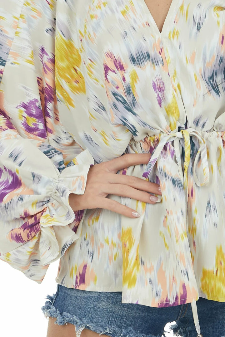 Entro Pale Oatmeal Abstract Print Cinch Waist Blouse Tops 15 Entro Pale Oatmeal Abstract Print Cinch Waist Blouse Tops