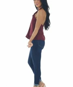 LE LIS Maroon Floral Textured Halter Neck Top