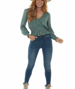 Hem & Thread Tops Dark Juniper Swiss Dot Crochet Lace Trim Top