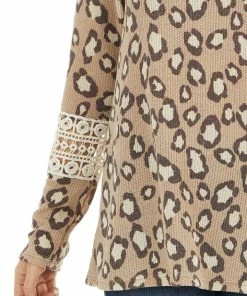 First Love Latte Leopard Print Top With Crochet Lace Detail On Sleeves