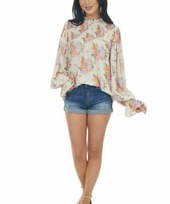 Entro Light Sand Floral Print Smocked Yoke Blouse