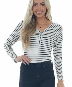 143 Story Ivory And Black Striped Henley Style Bodysuit Tops 11 143 Story Ivory And Black Striped Henley Style Bodysuit Tops