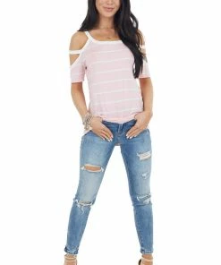 7th Ray Baby Pink And Ivory Striped Strappy Cold Shoulder Top Tops