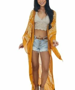 ANGIE Tops Marigold Damask Kimono With Pom Pom Detail