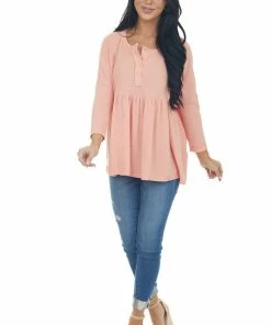 Ces Femme Tops Coral Babydoll 3/4 Sleeve Oversized Henley Knit Top