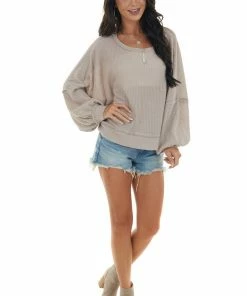 She + Sky Light Mocha Waffle Knit Puff Sleeve Loose Top Tops