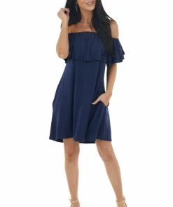 Sweet Lovely Navy Off The Shoulder Mini Dress With Ruffle Overlay