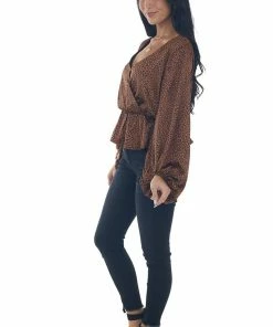 Peach Love Spice Leopard Print Surplice Peplum Blouse Tops