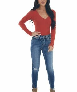 Heart & Hips Rust Stretchy Ribbed V Neck Fitted Bodysuit Tops 27 Heart & Hips Rust Stretchy Ribbed V Neck Fitted Bodysuit Tops