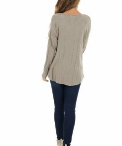 Chrysanthemum Tops Taupe Button Up Long Sleeve Knit Top With Front Knot Detail