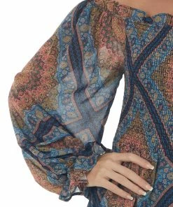 Flying Tomato Tops Navy Blue And Straw Abstract Print Smocked Top