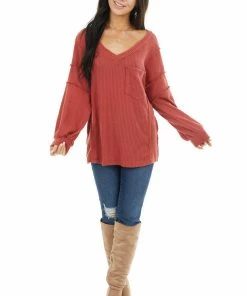 White Birch Tops Rust Long Sleeve Waffle Knit Top With Pocket And Side Slits