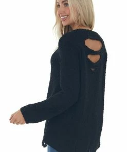 Davi & Dani Black Bubble Sleeve Sweater With Back Cut Outs Tops