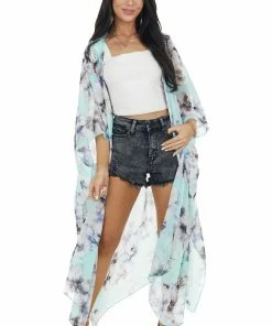 Lovely J Mint Floral Print Short Sleeve Kimono With Side Slits