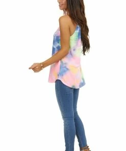 BiBi Tops Multicolor Tie Dye Sleeveless Top With Halter Neckline