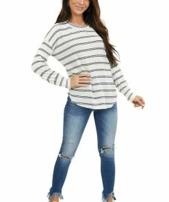 Staccato Ivory And Black Striped Knit Top With Long Sleeves Tops