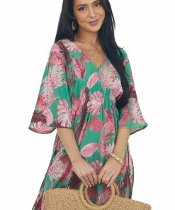 Entro Jade And Hibiscus Leaf Print Half Sleeve Dress