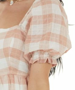 Lush Clothing Peach Plaid Square Neckline Babydoll Dress With Puff Sleeves