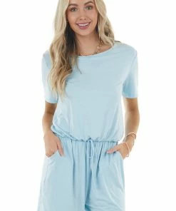 Lime 'N' Chili Dresses Baby Blue Short Sleeve Knit Romper With Elastic Waistband