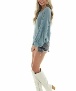 She + Sky Faded Teal Waffle Knit Puff Sleeve Loose Top