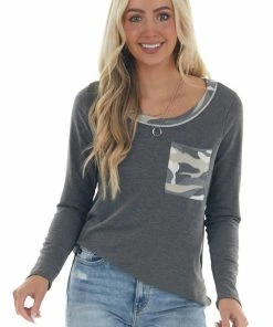 Hailey & Co Graphite Camo Contrast Long Sleeve Knit Top Tops