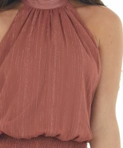 Sweet Lemon Ginger Halter Blouson Rose Gold Thread Dress Dresses