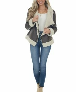 Sweet Lemon Cocoa Faux Shearling Asymmetrical Zipper Jacket