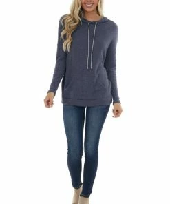 Staccato Navy Knit Sweatshirt With Striped Drawstrings Tops