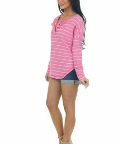143 Story Tops Magenta And Cream Striped Thermal Henley Top