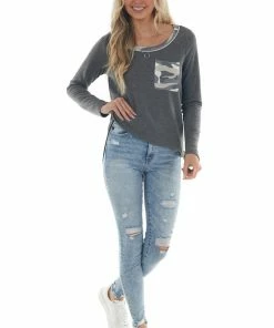 Hailey & Co Graphite Camo Contrast Long Sleeve Knit Top Tops