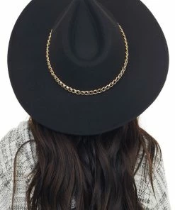 Fame Accessories Black Felt Flat Brim Western Style Hat With Chain Detail