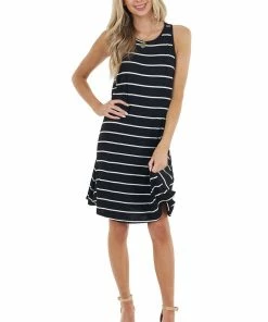 BOMBOM Dresses Black And Off White Striped Sleeveless Short Swing Dress
