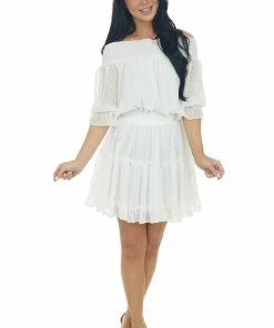 Bluivy Ivory Off The Shoulder Swiss Dot Short Dress