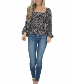 Entro Tops Black Floral Print Bubble Sleeve Peplum Blouse