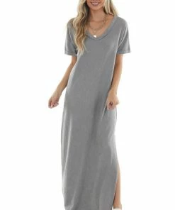 Peach Love Maxi Dresses Steel Short Sleeve V Neck Maxi Tee Shirt Dress 10 Peach Love Maxi Dresses Steel Short Sleeve V Neck Maxi Tee Shirt Dress