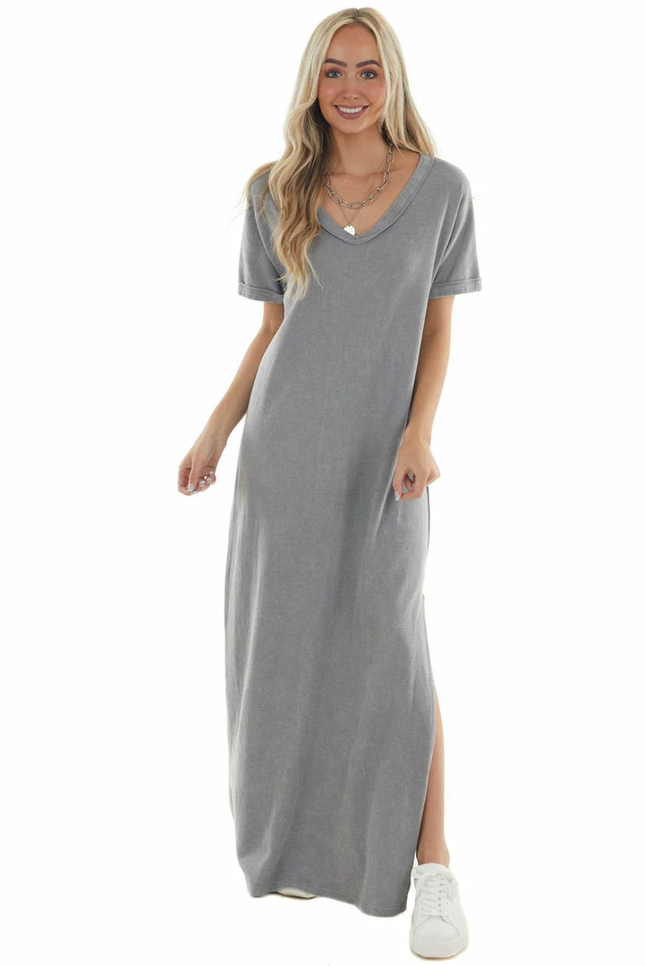 Peach Love Maxi Dresses Steel Short Sleeve V Neck Maxi Tee Shirt Dress 4 Peach Love Maxi Dresses Steel Short Sleeve V Neck Maxi Tee Shirt Dress