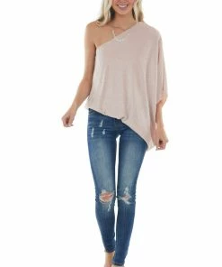 Main Strip Dusty Blush Sparkly Off The Shoulder Asymmetrical Knit Top
