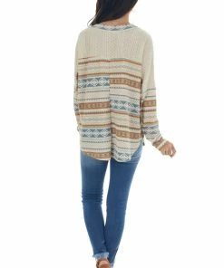 Ces Femme Oatmeal Aztec Print Long Sleeve Knit Top