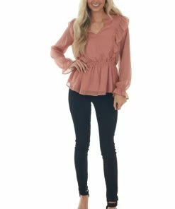 Andree Tops Punch Shimmery Long Sleeve Top With Ruffles
