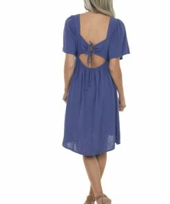 Umgee Dresses Dusty Blue Smocked Flutter Sleeve Linen Dress