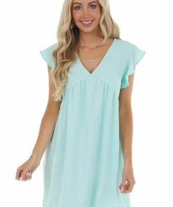 143 Story Mint Flutter Sleeve Babydoll Short Dress