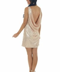 HYFVE Champagne Sequin Sleeveless Draped Back Dress 33 HYFVE Champagne Sequin Sleeveless Draped Back Dress